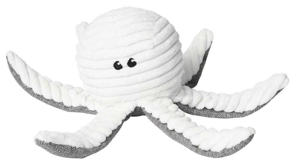 Vit bläckfiskformad hundleksak i mjuk polyester.