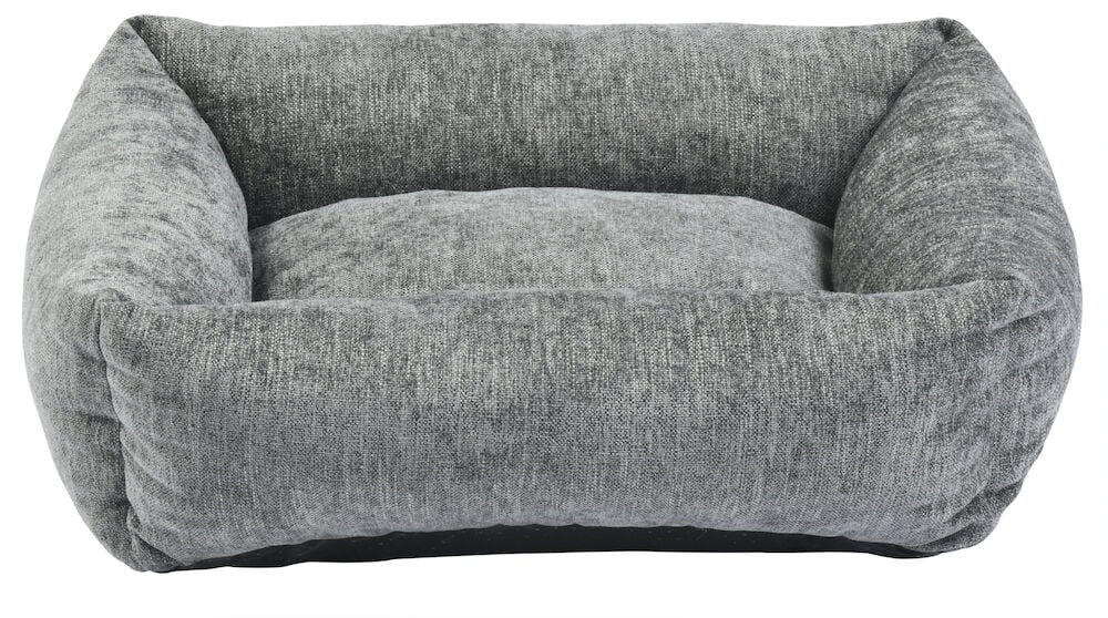 Grå rektangulär djurbädd med mjuk stoppning.