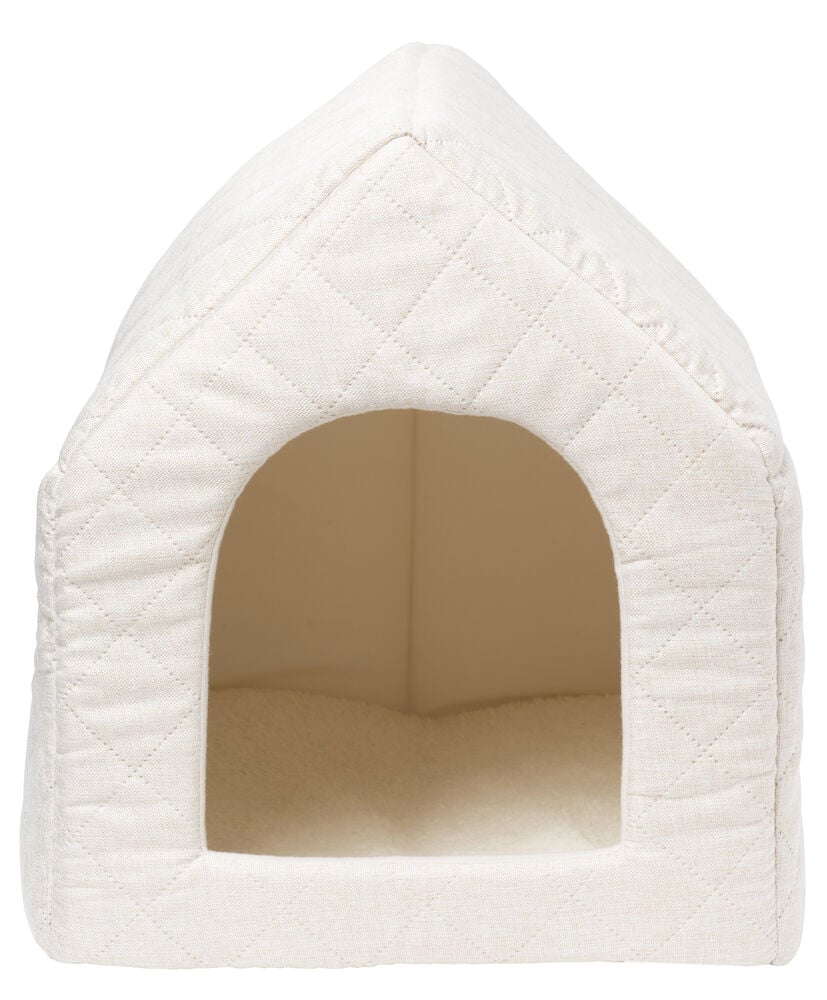 Vadderad beige husdjurskoja med öppning framtill.