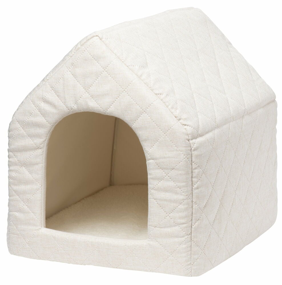 Vadderad beige husdjurskoja med öppning fram.