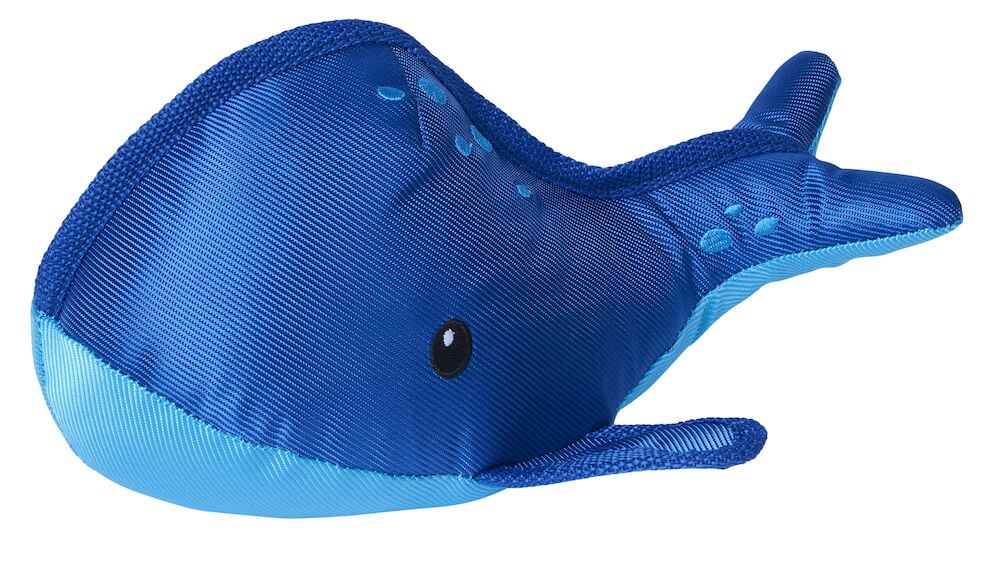 Blå valformad hundleksak i polyester, 30 cm.