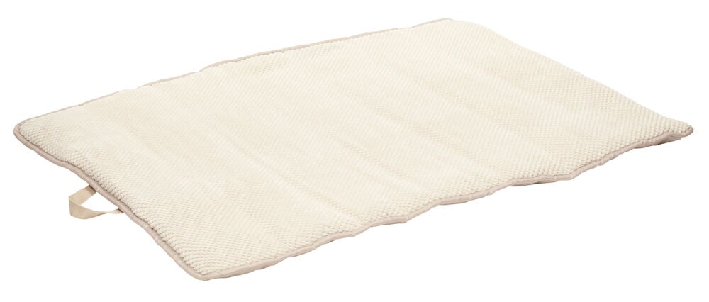 Beige hundfilt med handtag ligger platt utfälld.