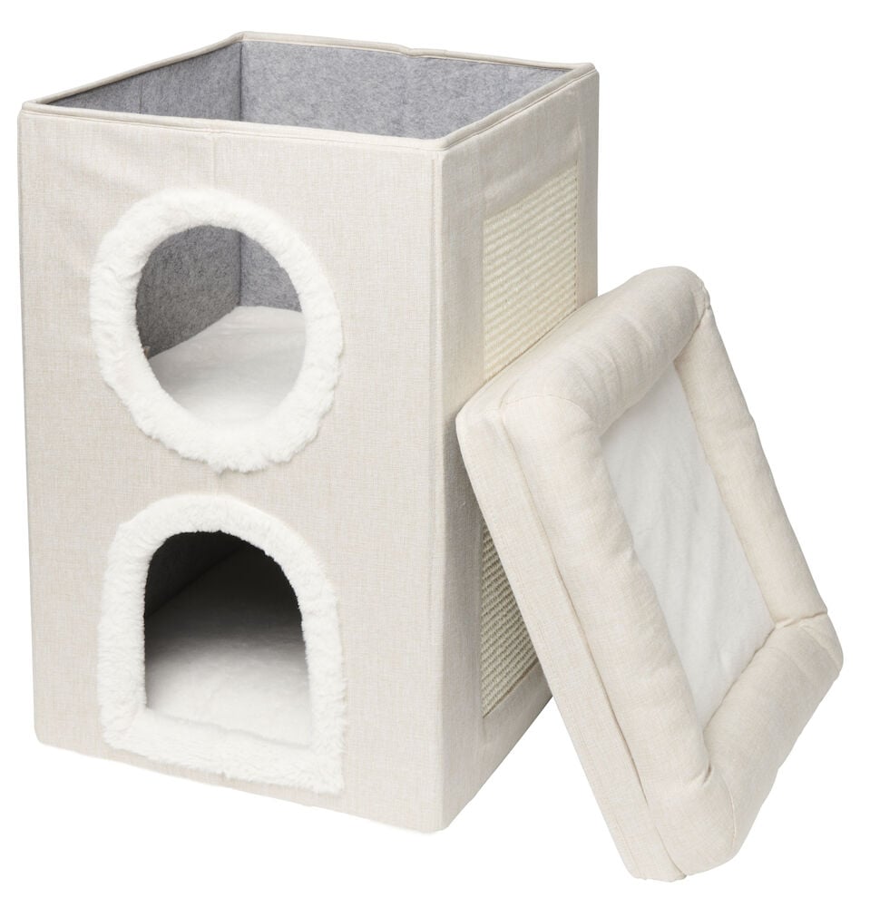 Beige katthus med två ingångar och klösbräda.