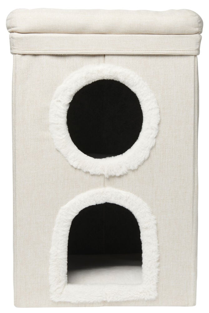 Beige katthus med två öppningar och plyschdetaljer.