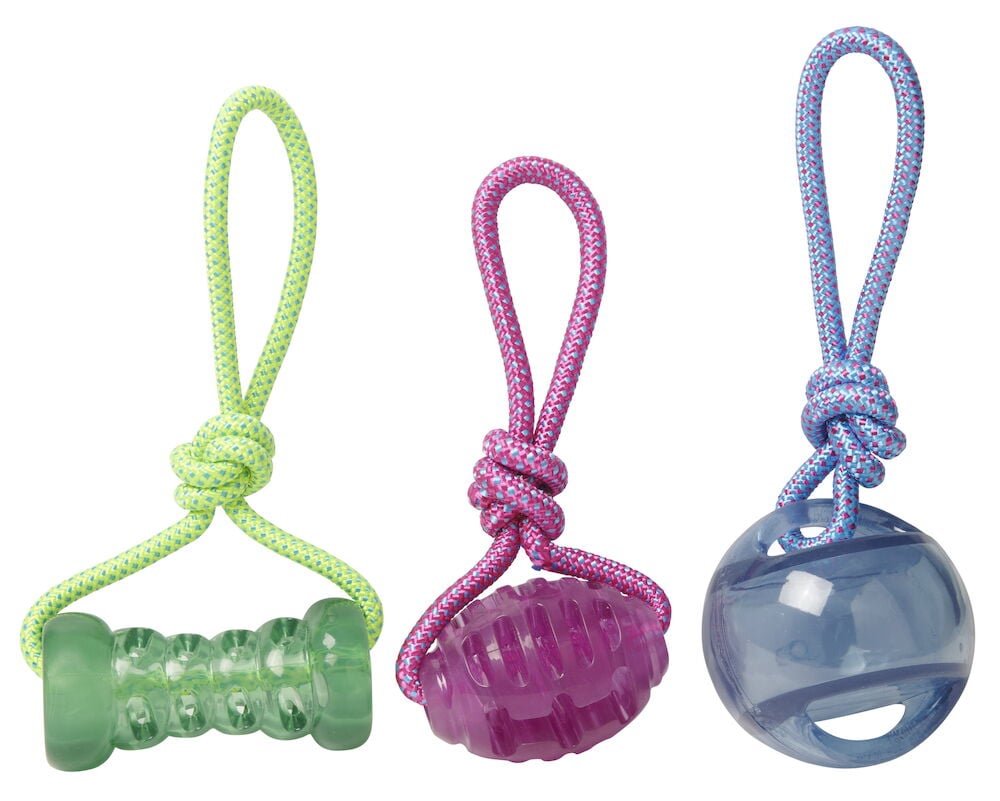 Tre färgglada kampleksaker för hund med rep.