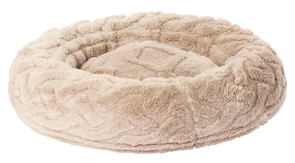 Rund beige djurbädd mjuk och mysig.