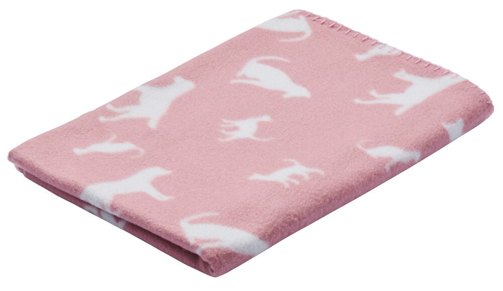 En rosa fleecefilt med vita katt och hundmönster.