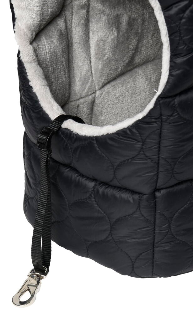 Grå hundväska med mjuk insida och koppel.