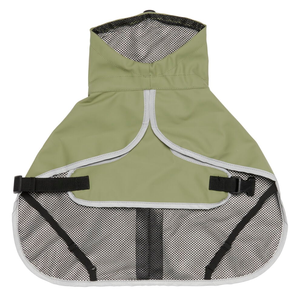 Grön regnjacka för hund med justerbara band.