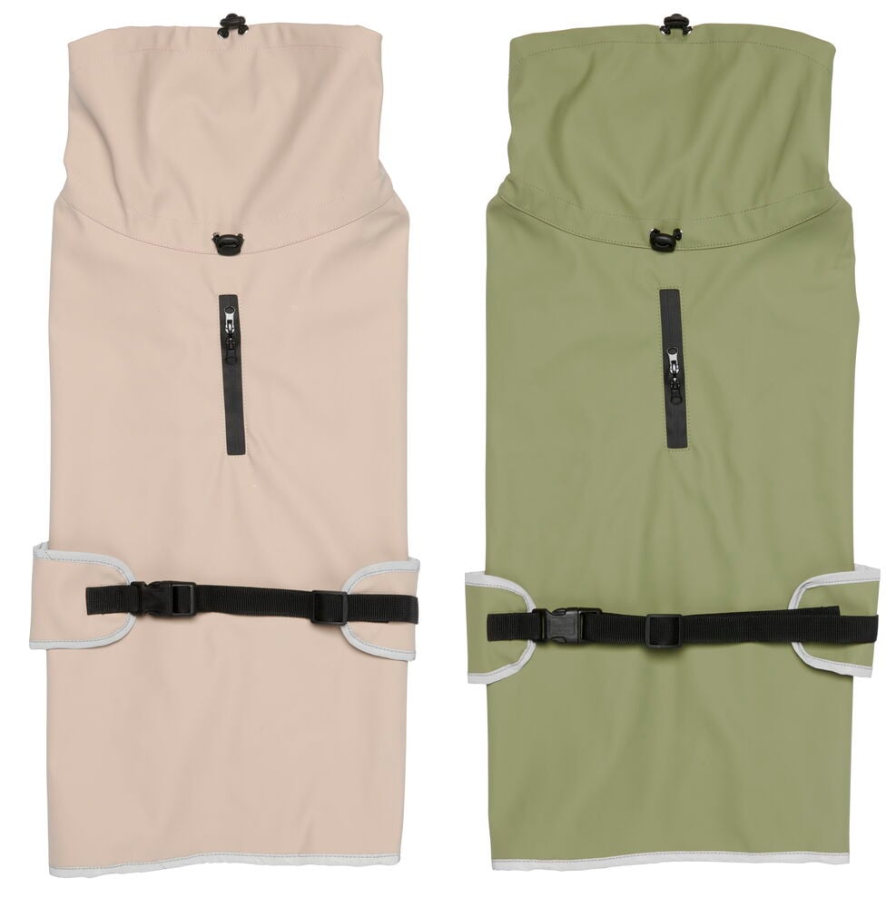 Två regnjackor för hund i olika färger.