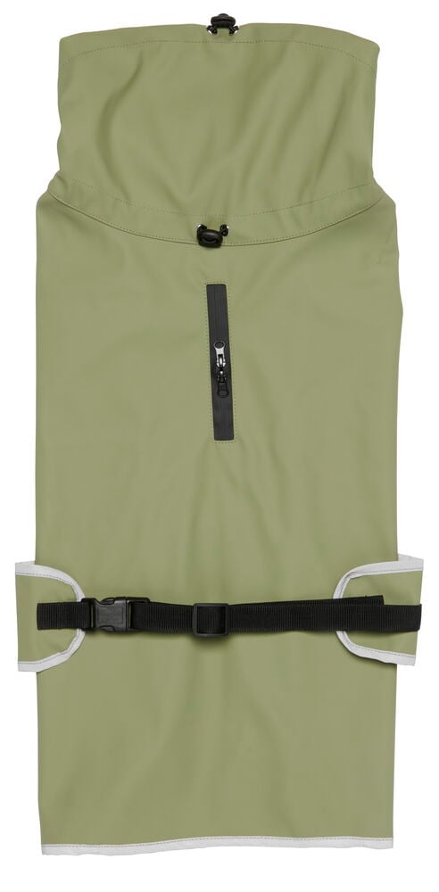 Ljusgrön regnjacka för hund med svart spänne.