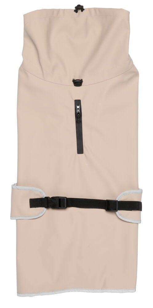 Beige regnjacka för hund med justerbart bälte.