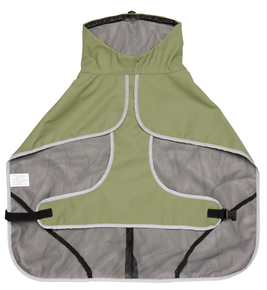 Grön regnjacka för hund med svart meshfoder.