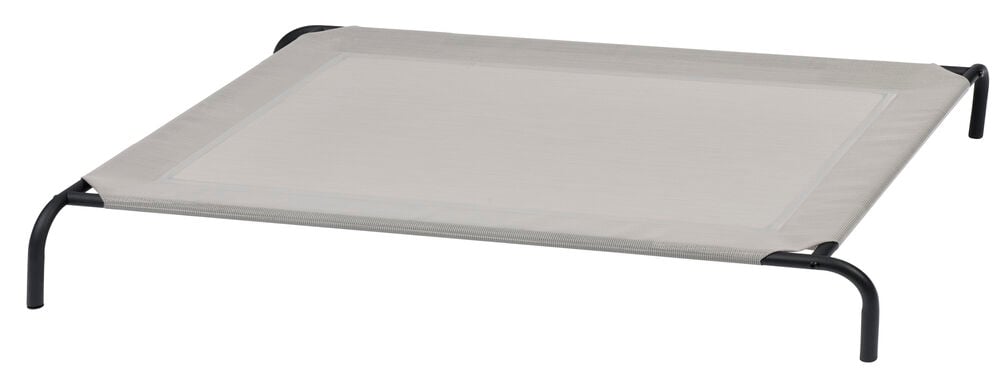 Upphöjd varmgrå hundsäng med svart metallram.