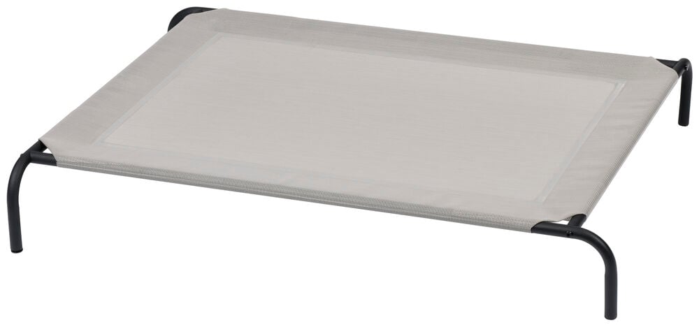 Upphöjd varmgrå hundsäng med svarta ben.