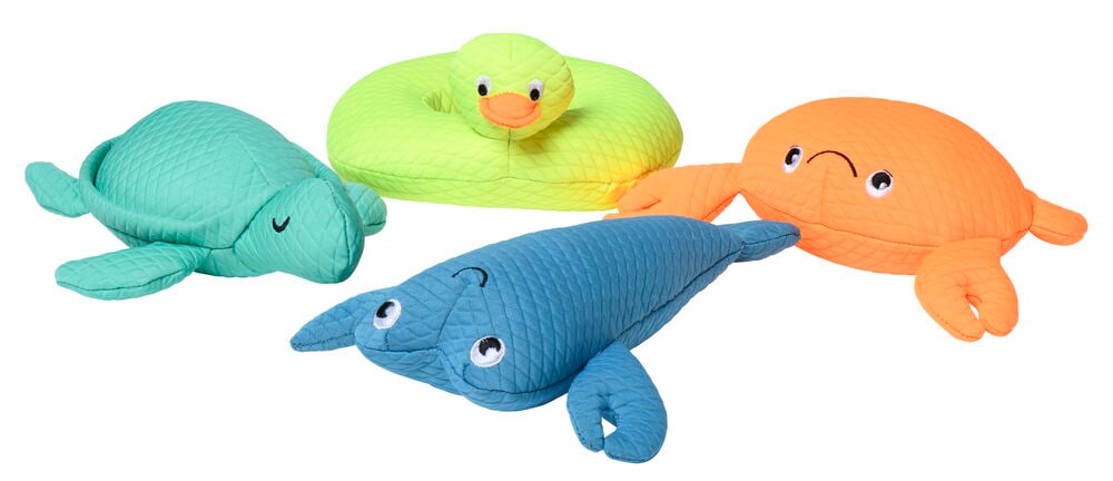 Fyra färgglada flytande hundleksaker i olika djurformer.