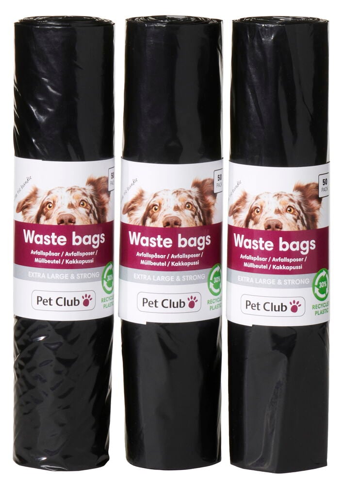 Tre rullar svarta hundpåsar med knythandtag.