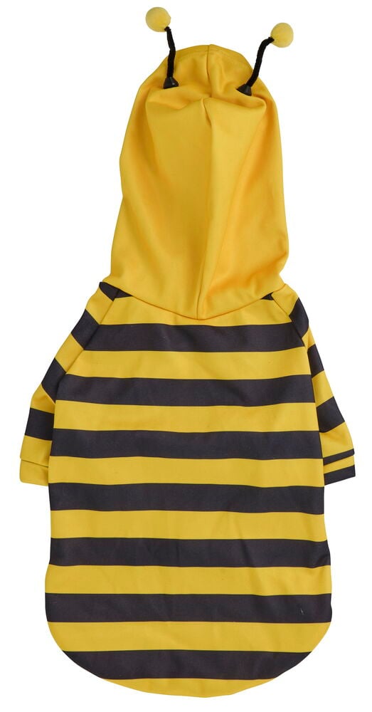 Hoodie für Haustier Gemischte Designs: Gelb-schwarz gestreifter Haustier-Hoodie mit Kapuze und zwei gelben Bommel-Antennen, Rückansicht.