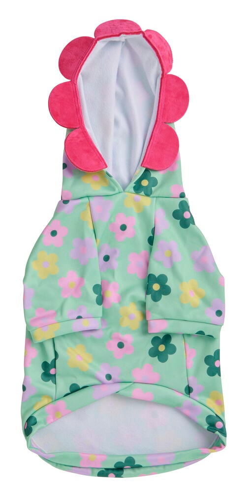 Vorderansicht eines grünen floralen Haustier-Hoodies mit einer pinken Blütenblatthaube, gemischte Designs.