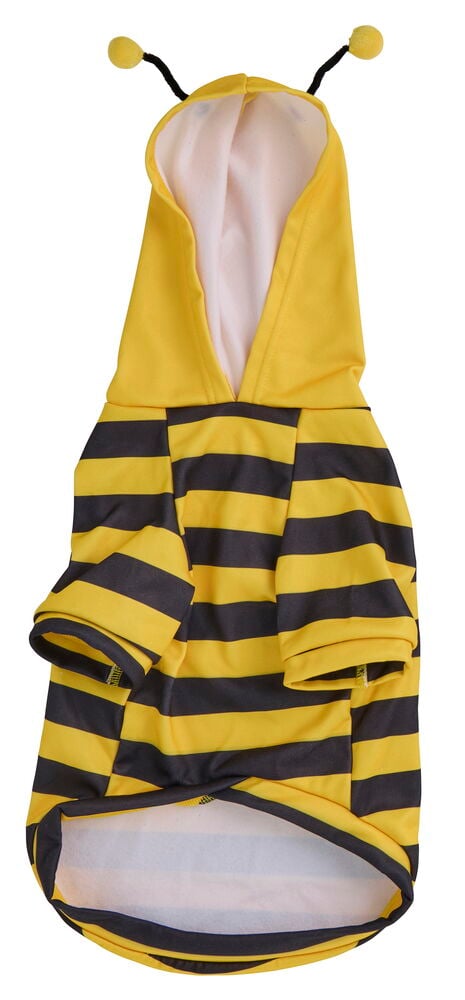 Gelb-schwarz gestreifter Hoodie für Haustier mit Kapuze und Bienen-Antennen.