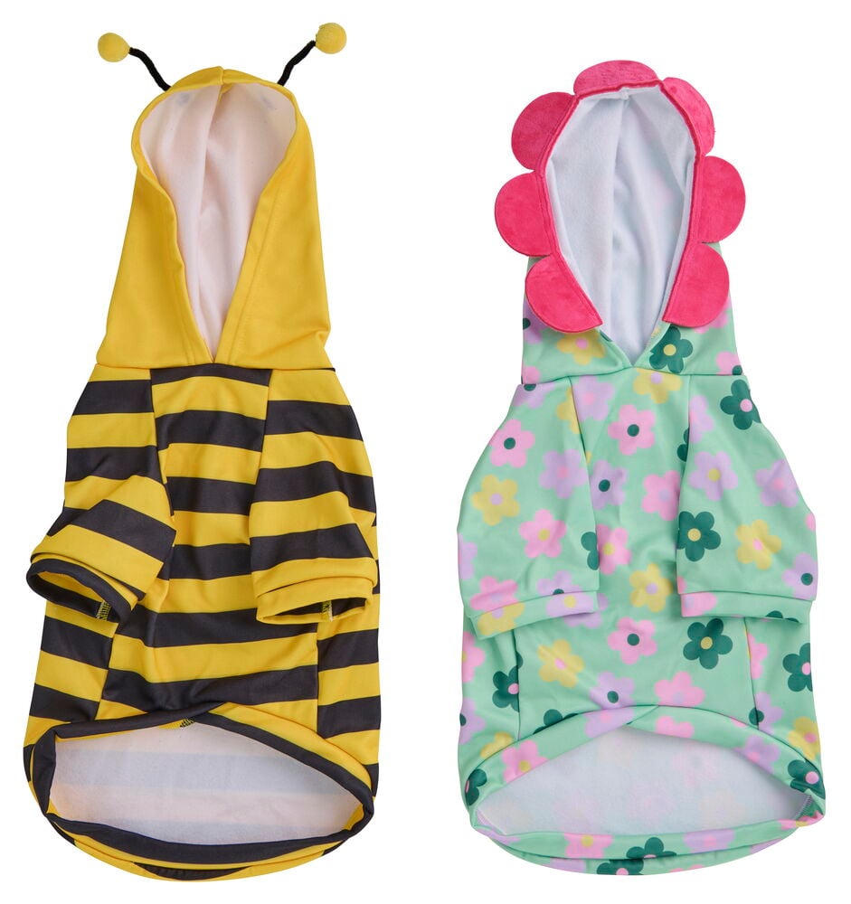 Hoodie für Haustier Gemischte Designs: gelb-schwarz gestreifter Bienen-Hoodie mit Antennen und hellgrüner Blumen-Hoodie.