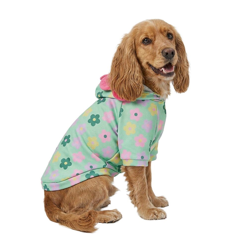 Hellgrüner Haustier-Hoodie mit Blumenmustern und rosa Kapuzenfutter, getragen von einem sitzenden Hund, Seitenansicht.