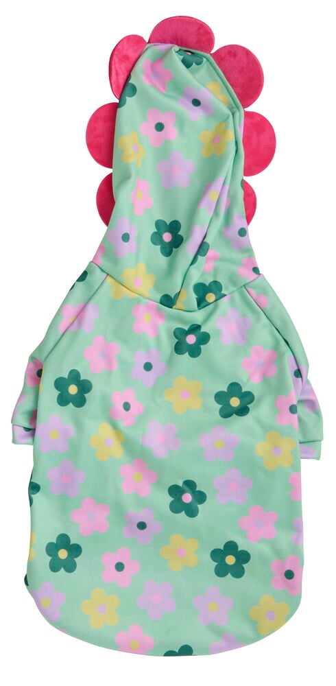 Hellgrüner floraler Haustier-Hoodie mit fuchsiafarbenen Stacheln an Kapuze und Rücken, Rückansicht.