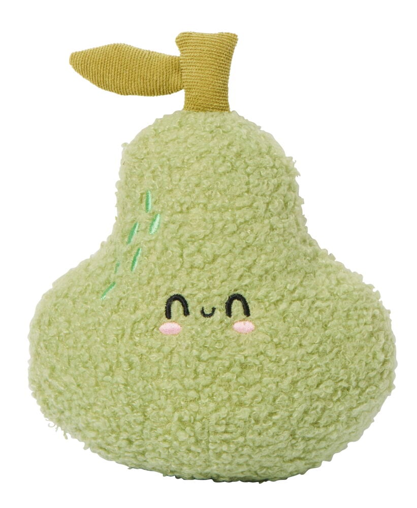Mjuk grön päronformad hundleksak med broderat ansikte.