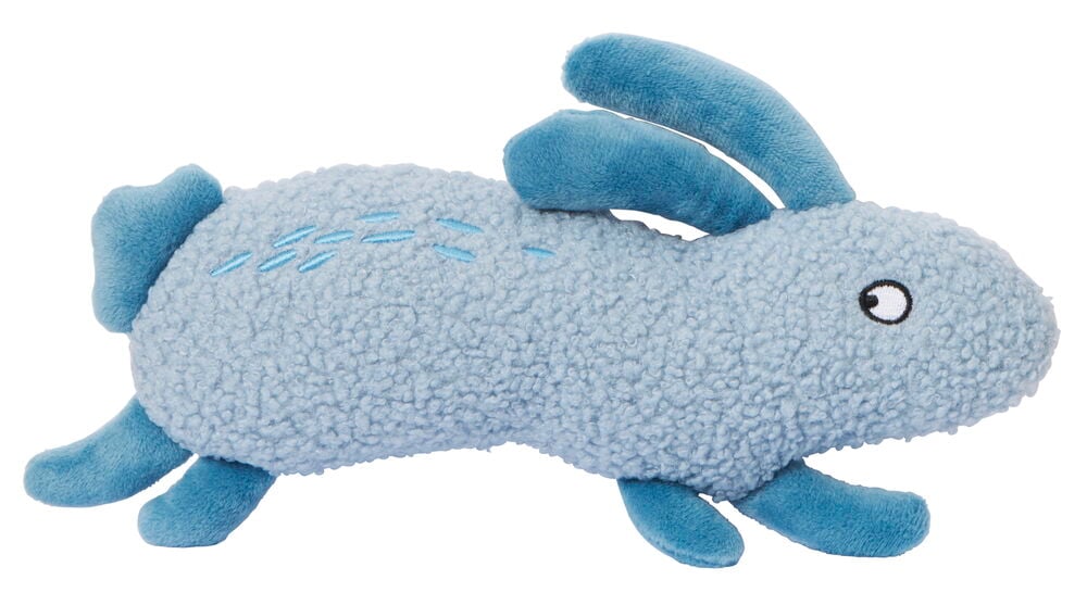 Blå mjuk hundleksak i form av skogsdjur.