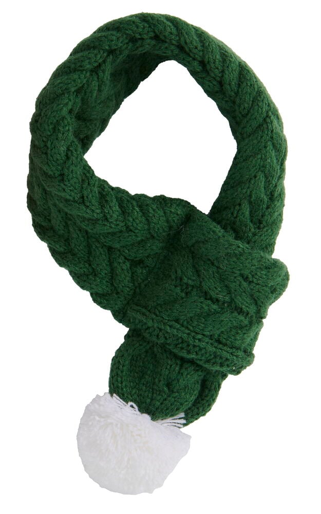 Dunkelgrüner gestrickter Weihnachtsschal für Haustiere mit Zopfmuster und weißem Bommel.