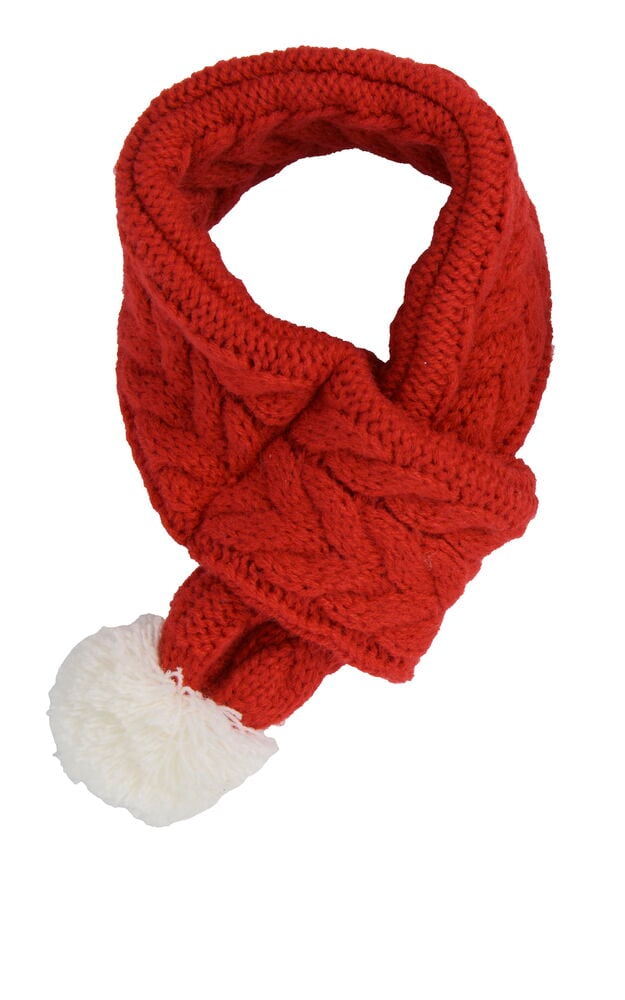 Roter gestrickter Weihnachtsschal für Haustiere mit Zopfmuster und einem weißen Bommel an einem Ende.