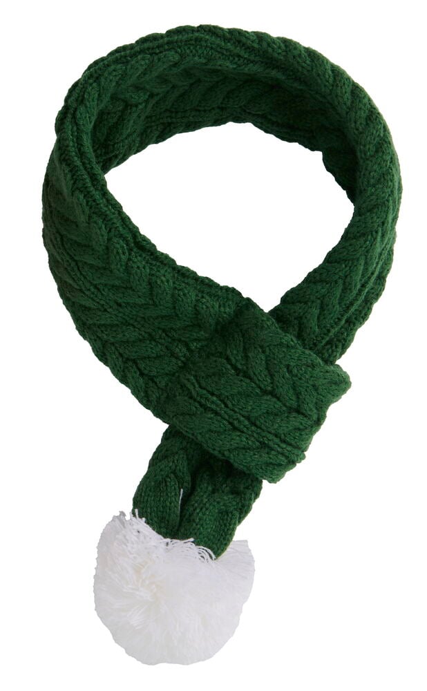 Dunkelgrüner Zopfmuster-Weihnachtsschal, Haustier M/L Verschiedene Farben mit weißem Bommel, gebunden.