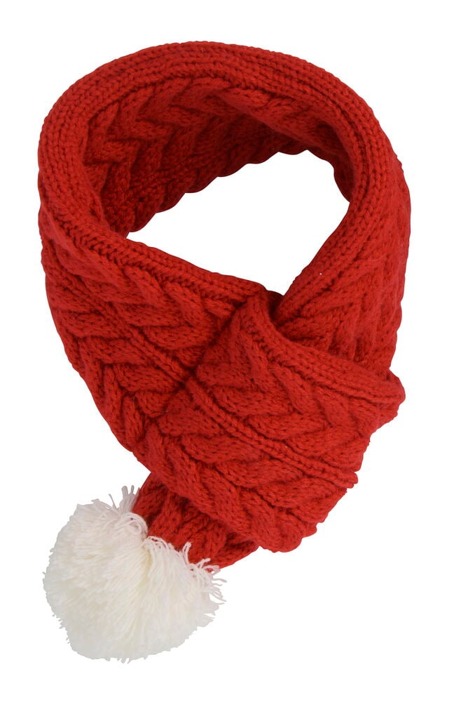 Roter Zopfstrick-Weihnachtsschal für Haustiere mit weißem Bommel.