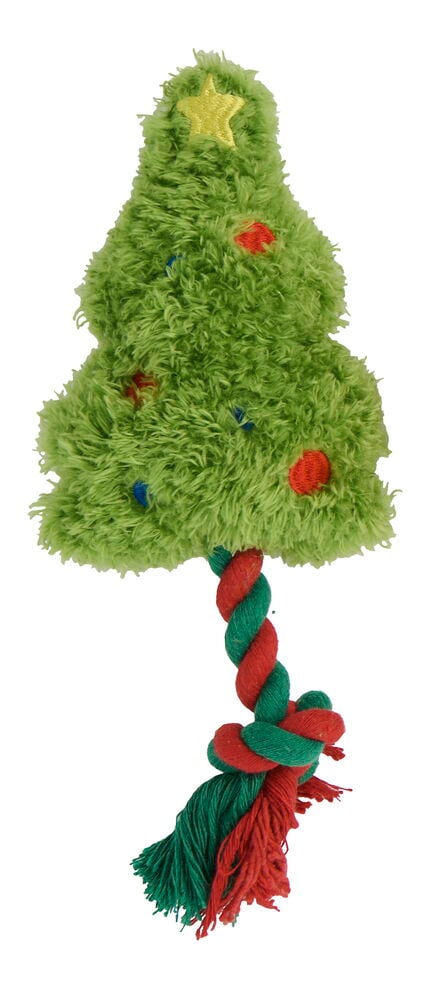 Grünes Plüsch-Weihnachtsbaum-Hundespielzeug mit gelbem Stern, bunten Punkten und rot-grünem gedrehtem Seil.