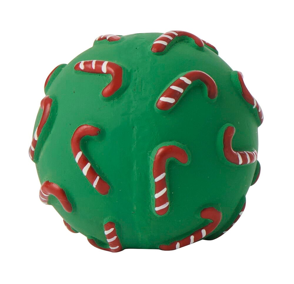 Weihnachtlicher Latexhundespielzeug, grün und kugelförmig, gemustert mit rot-weißen Zuckerstangen.