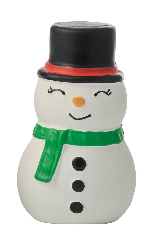 Ein weißes Weihnachts-Latex-Hundespielzeug Schneemann mit schwarzem Hut, rotem Band, oranger Nase, grünem Schal.