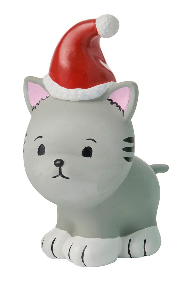 Ein graues katzenförmiges Weihnachtshundespielzeug aus Latex, mit roter Weihnachtsmütze.