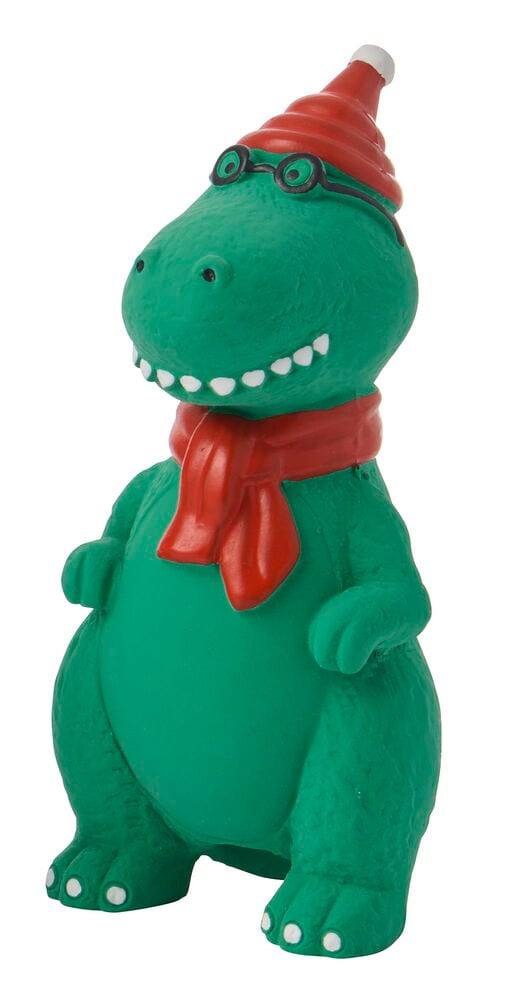 Grünes Dinosaurier-Hundespielzeug mit roter Weihnachtsmütze, schwarzer Brille und rotem Schal.