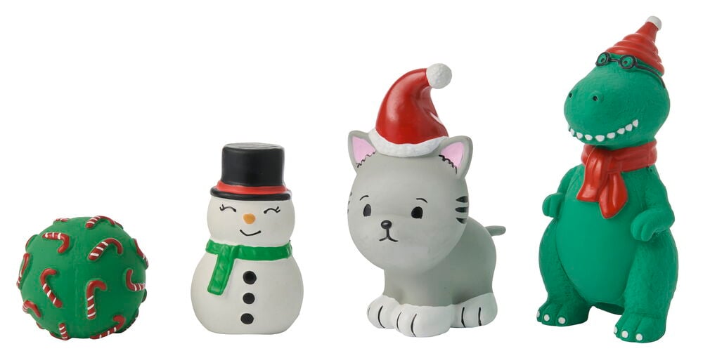 Hundespielzeug Weihnachten Latex Gemischte Designs: Zuckerstangenball, Schneemann, Katze mit Mütze und Dinosaurier.