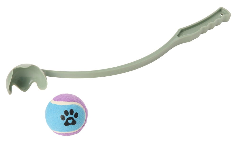 Vaaleanvihreä Pallonheitin 50 cm ja pallo, jossa on sinivioletti tassunjälki.