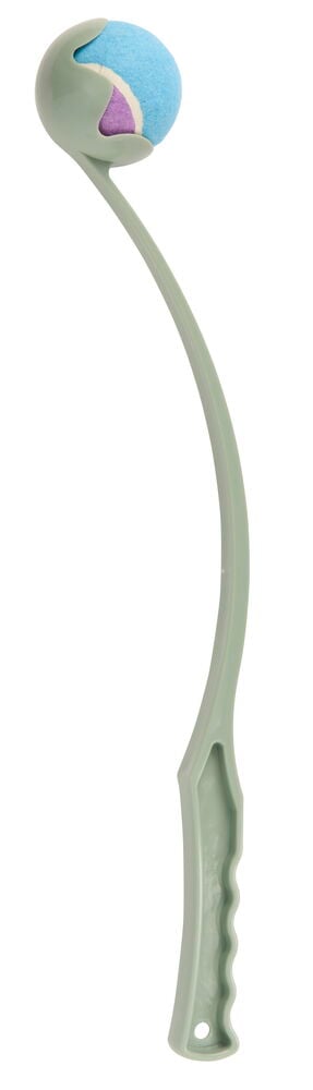 Vaaleanvihreä Pallonheitin 50 cm ja pallo pitää sisällään sinisen ja violetin tennispallon valkoista taustaa vasten.