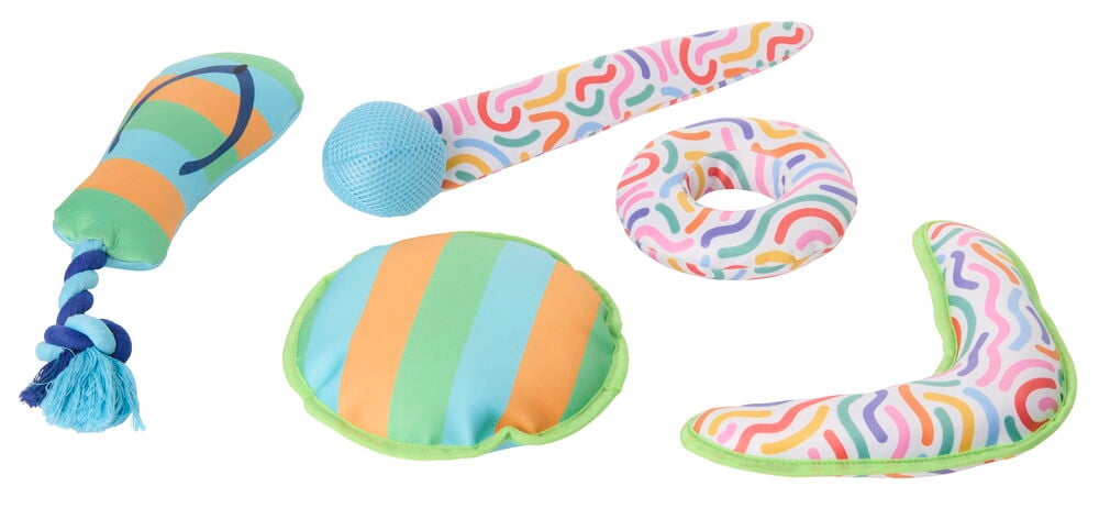 Summer Pet Club Flytende Hundeleker: stripet flip-flop med tau, mikrofon, smultring, oval, bumerang.