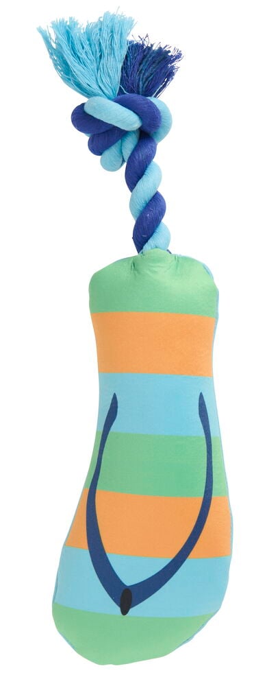 Flytende hundeleke Summer Pet Club Blandede design med stripet plysj-flip-flop og tauknute med dusker.
