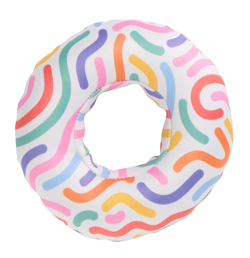 Flytende hundeleke Summer Pet Club Blandede design, en donut-formet leke i hvitt stoff med fargerike bølgete striper.