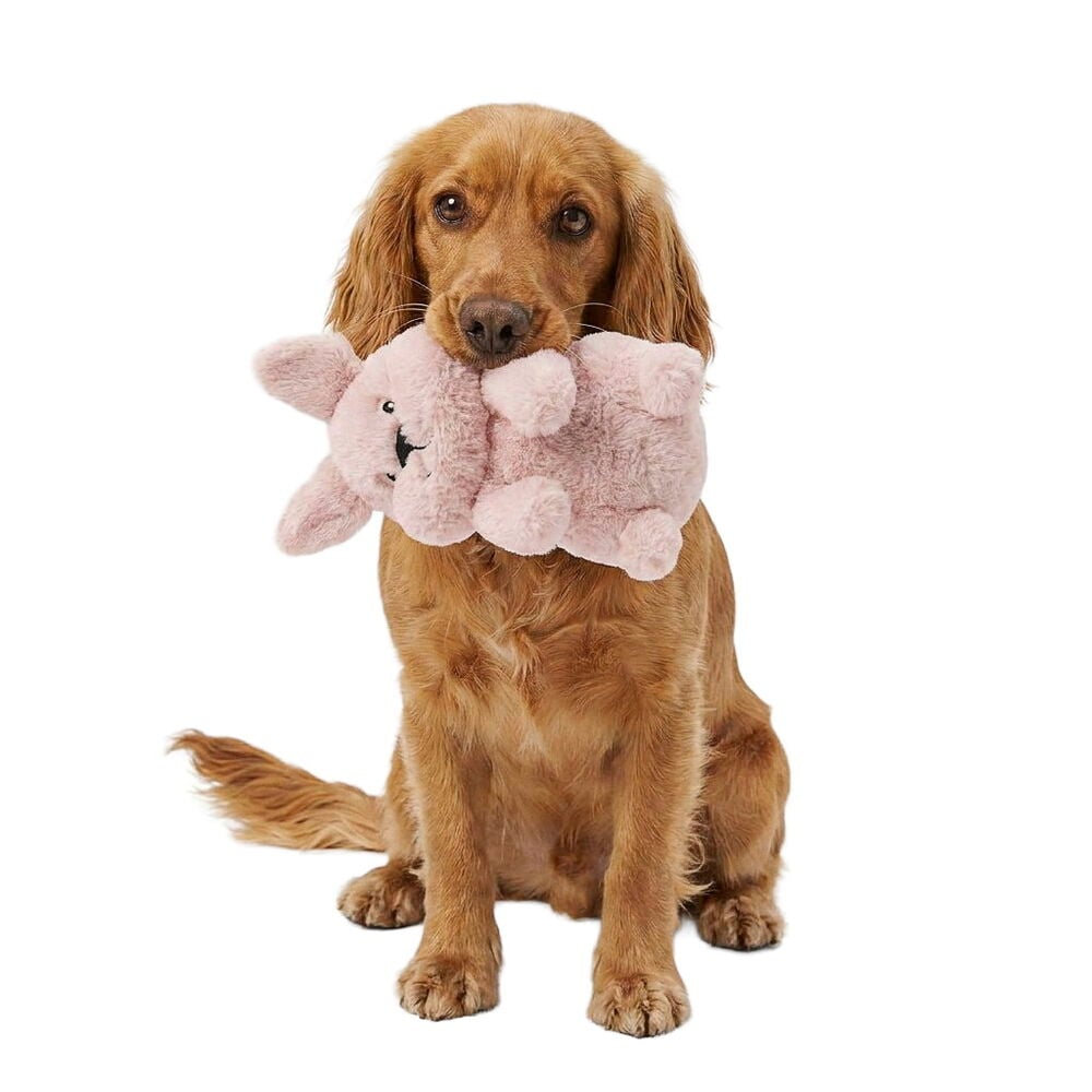 Hundeleke Pet Club Furry Sweetheart Blandede design, en rosa plysjkanin, holdt i en brun hunds munn.