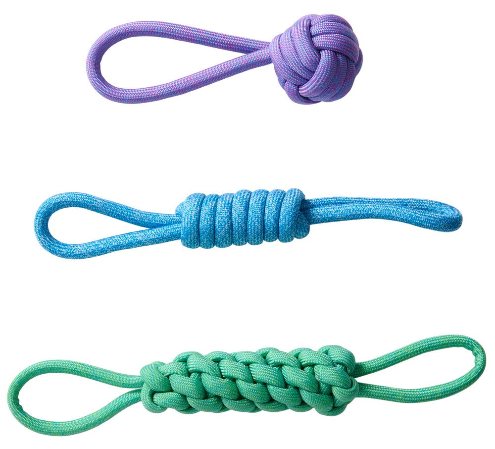 Hundeleke Rope Pet Club Blandede design: en lilla løkke-og-knute-leke, en blå kveilet, og en grønn flettet.