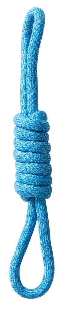 Blå og hvitmønstret Hundeleke Rope Pet Club, viklet på midten med en løkke i hver ende.