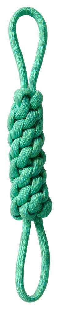 En grønn flettet hundeleke av tau med en løkke i hver ende.