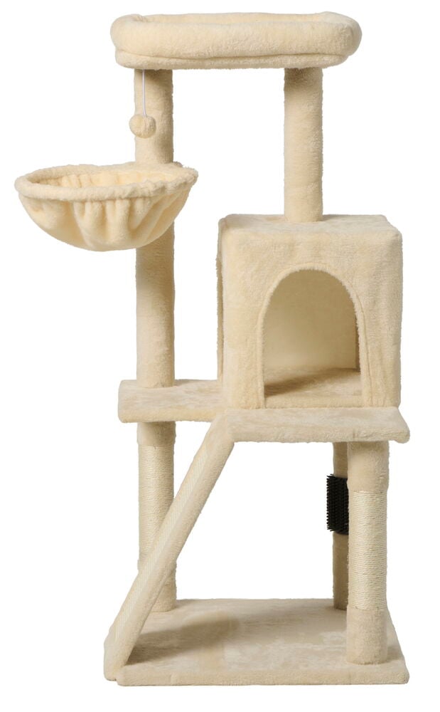 Ett flernivå katträd 110 cm i cremevitt med grotta, hängmatta, plattformar och sisalklöstolpar.