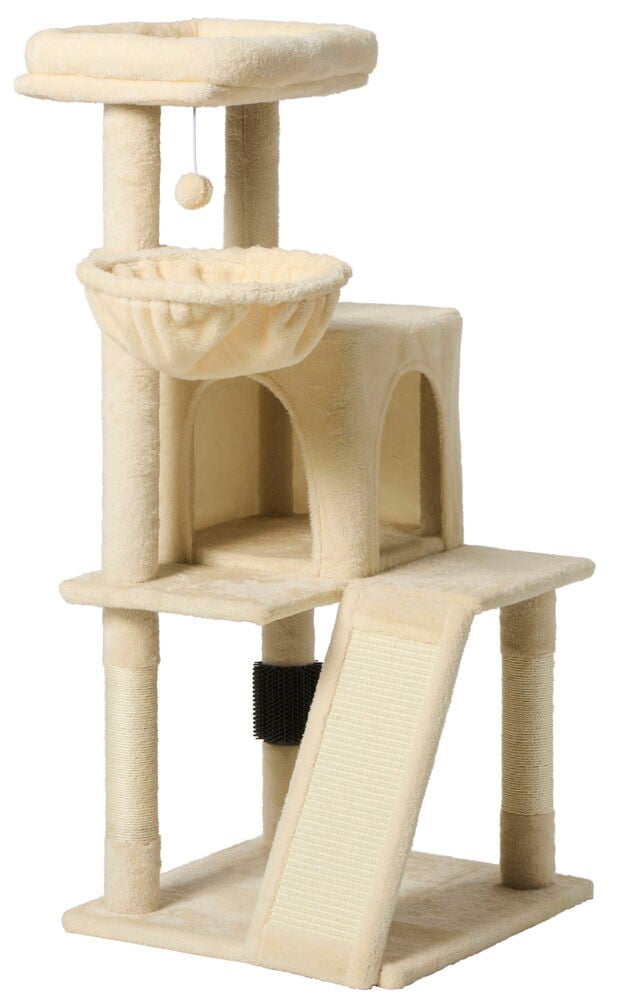 Katträd 110 cm Creme White, med flera plan, korg, koja, klösstolpar, ramp och hängande leksak.